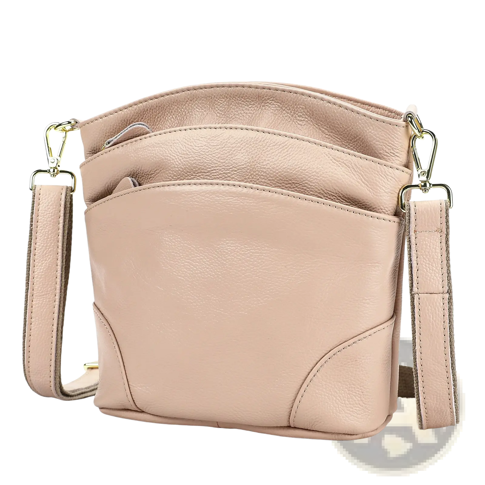 Beige leather crossbody bag with textured cowhide surface and gold-tone hardware for retro shoulder use