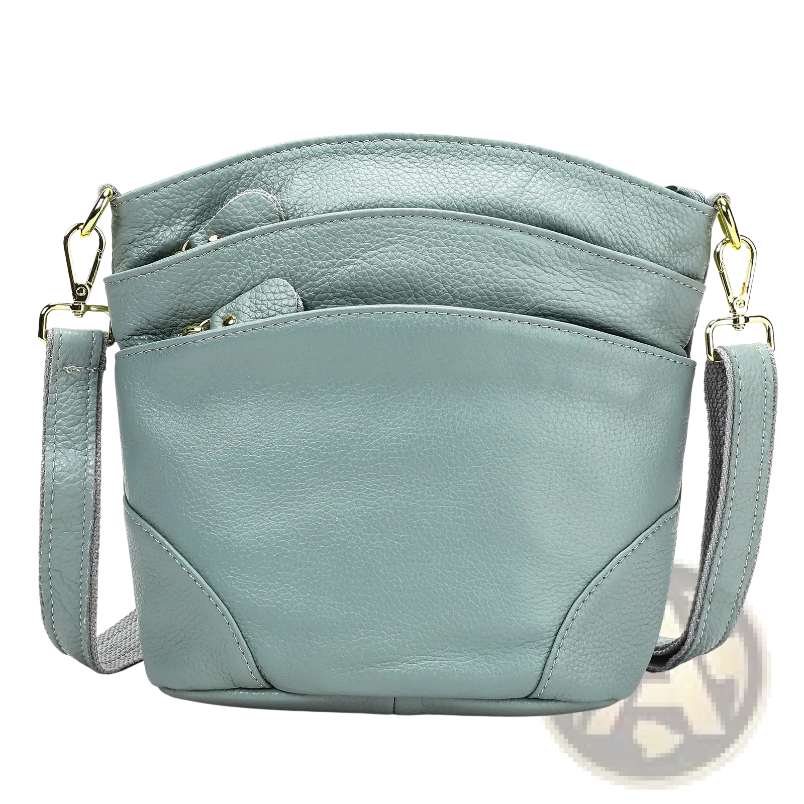Light blue textured leather crossbody bag with gold-tone hardware and gray fabric strap retro cowhide shoulder purse