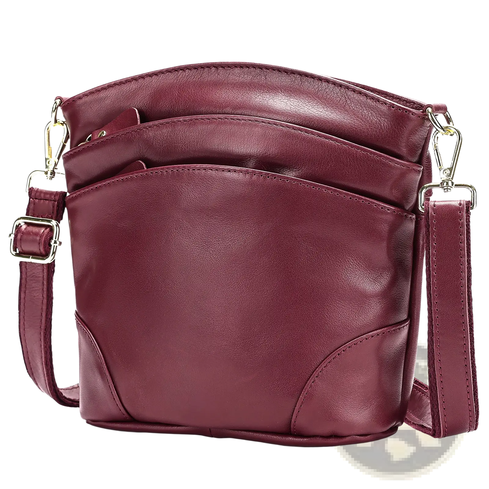 A rich burgundy leather crossbody bag with structured design gold-tone hardware and adjustable strap for shoulder use