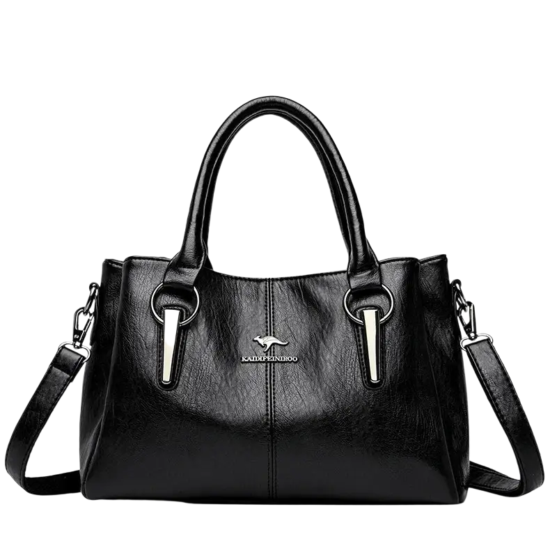 Black leather crossbody handbag with silver-tone metal accents, kangaroo logo emblem, and pocket interior detail