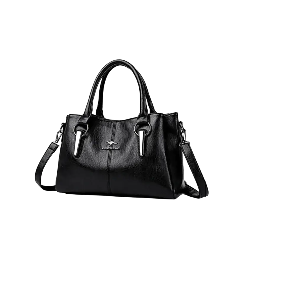 Black leather crossbody handbag with silver-tone hardware and kangaroo logo featuring pocket interior for storage
