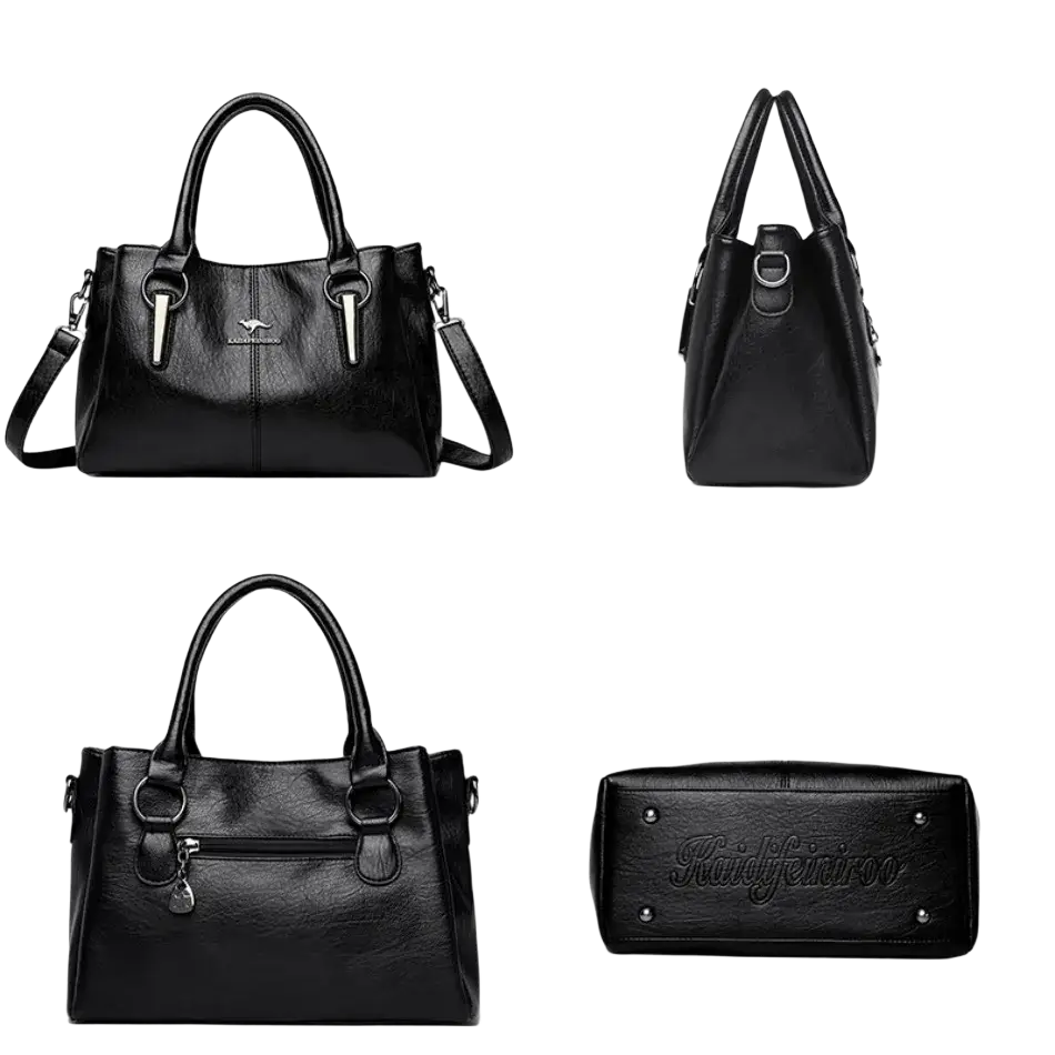 Black leather crossbody handbag with top handles, silver hardware, detachable strap, and pocket interior features
