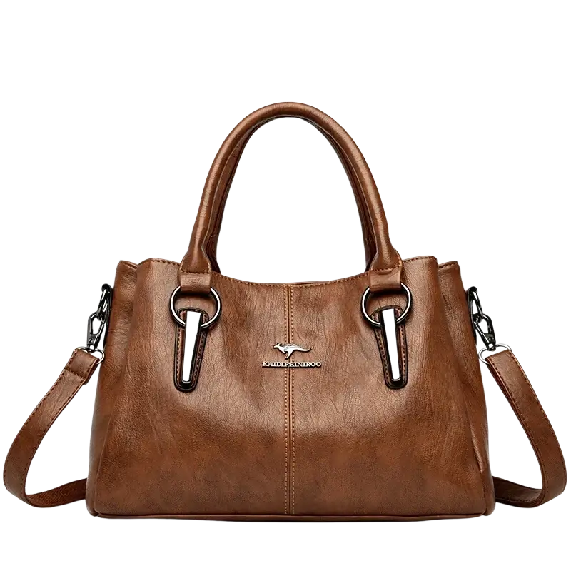 Brown leather crossbody handbag with silver-tone accents and kangaroo logo featuring a pocket interior design