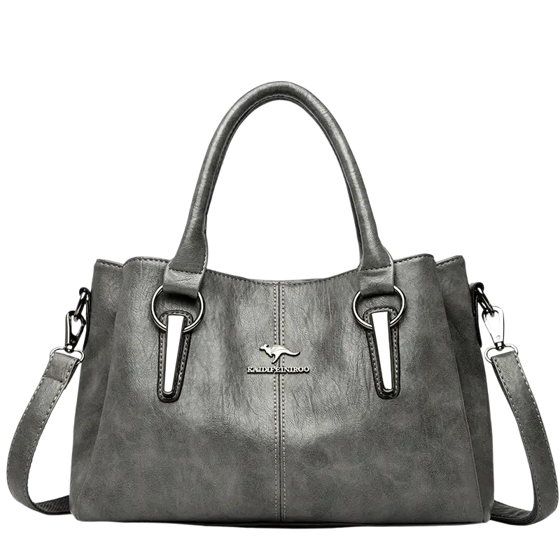 Gray kangaroo leather crossbody handbag with textured faux leather silver-toned accents and pocket interior design
