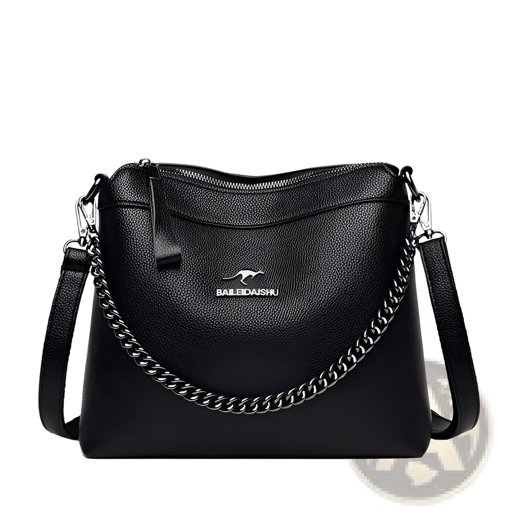 Black textured leather crossbody handbag with silver chain strap featuring bailedaishu logo for stylish use