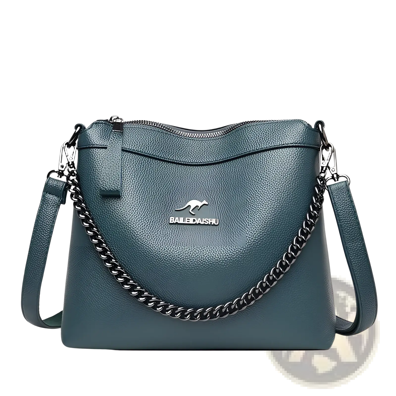Teal leather crossbody handbag with silver kangaroo logo and black chain strap for stylish carrying