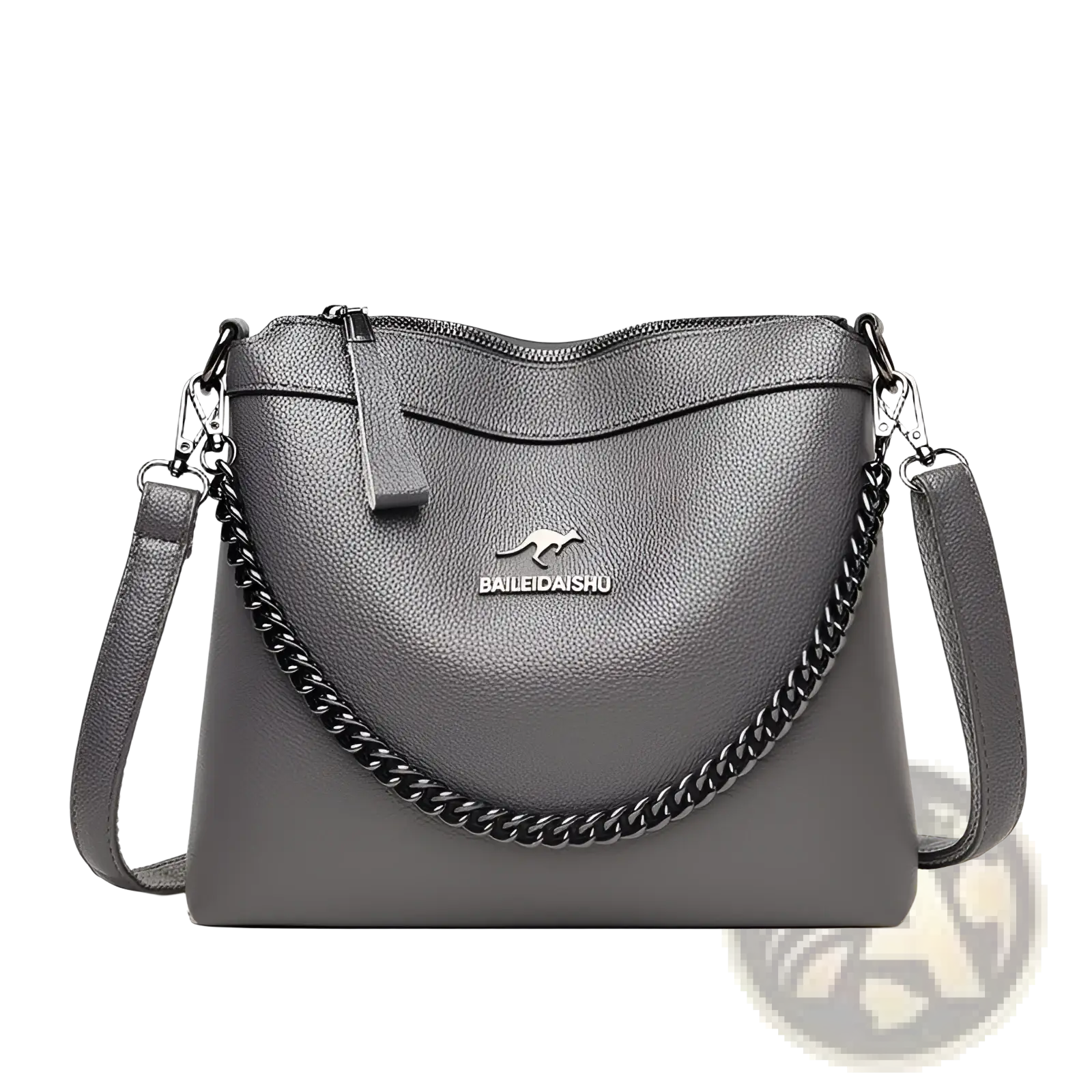 Gray textured leather crossbody handbag with silver chain strap featuring kangaroo logo and bailedaishu branding