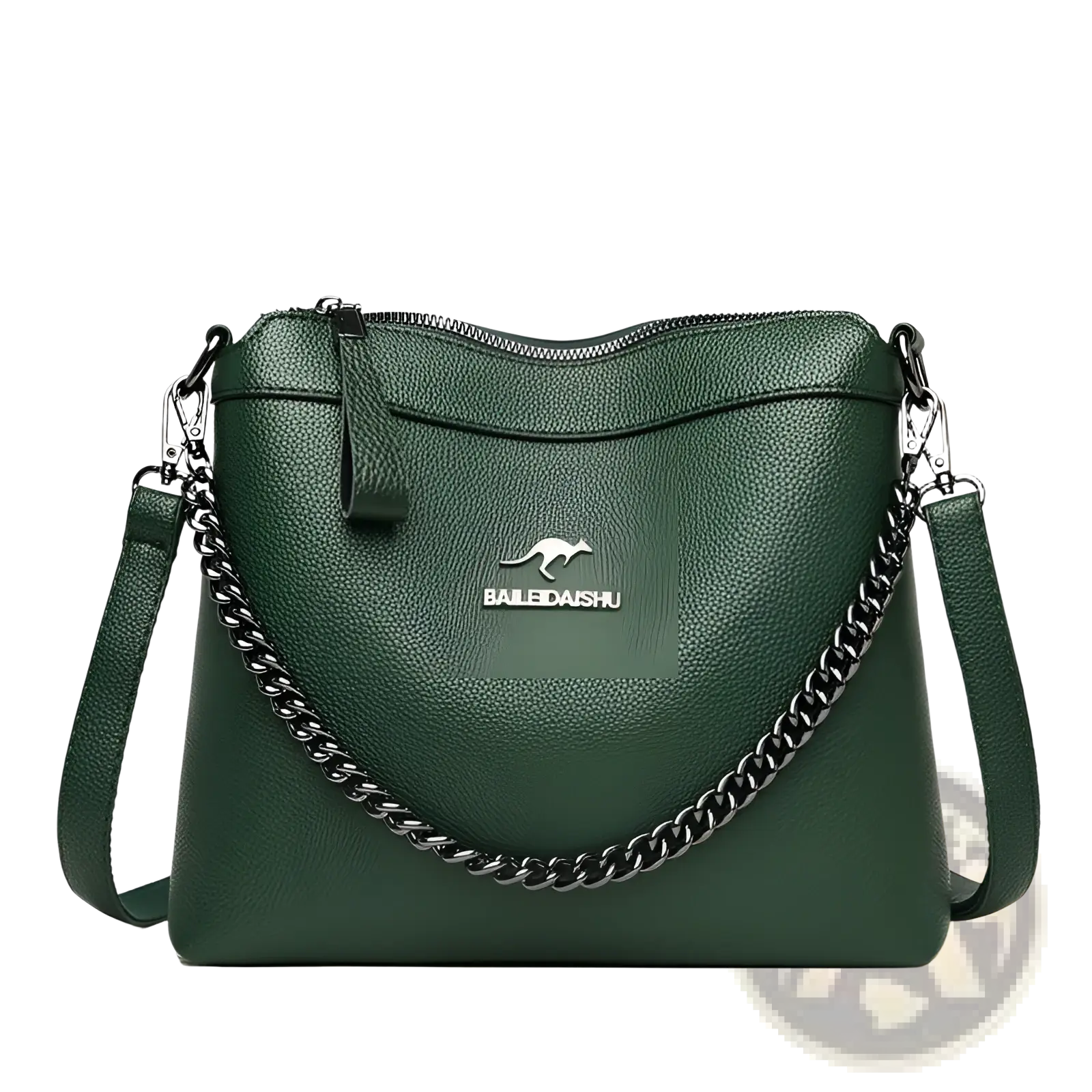 Dark green textured leather crossbody handbag with silver kangaroo logo and silver chain strap
