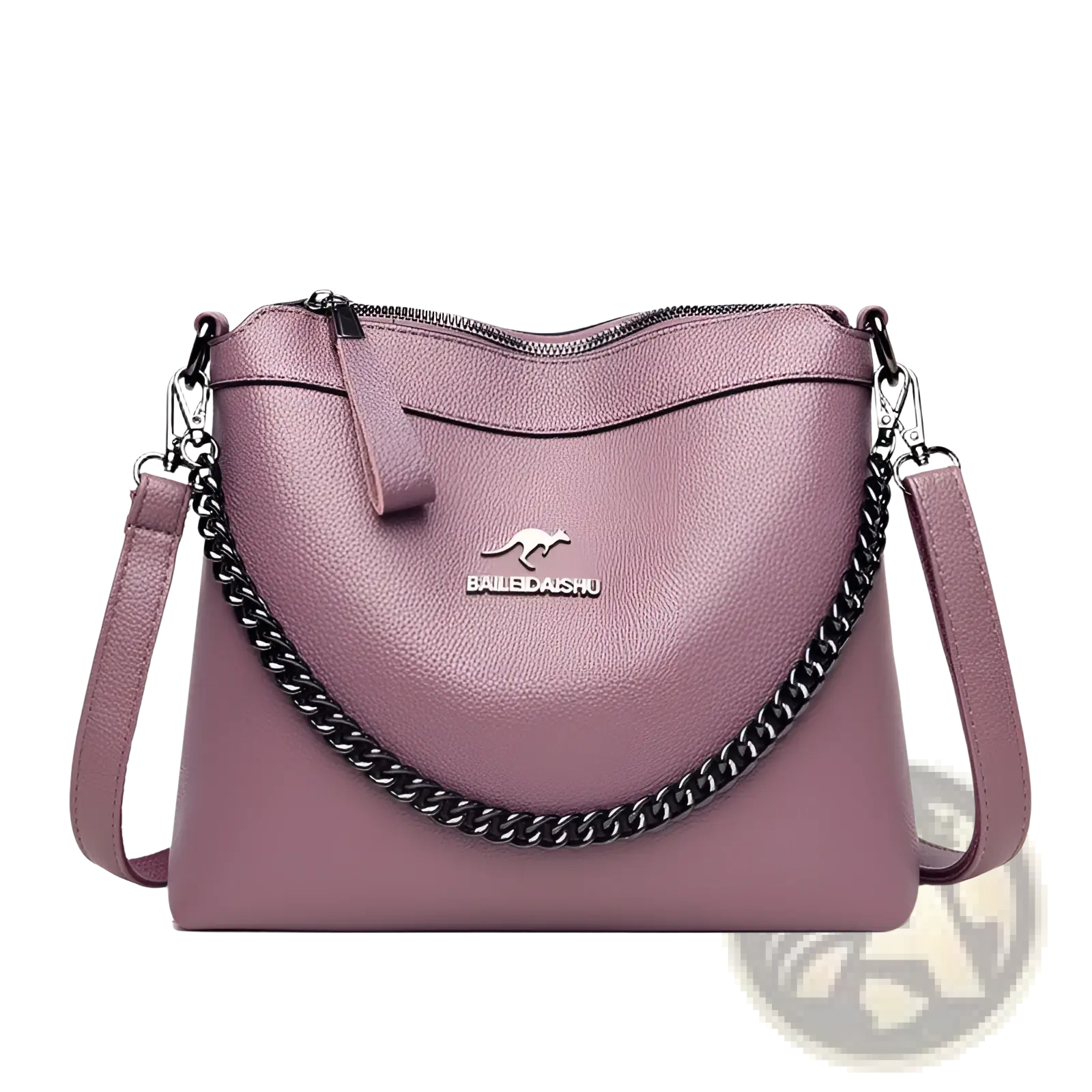 A mauve leather crossbody handbag with a black chain strap and silver kangaroo logo emblem