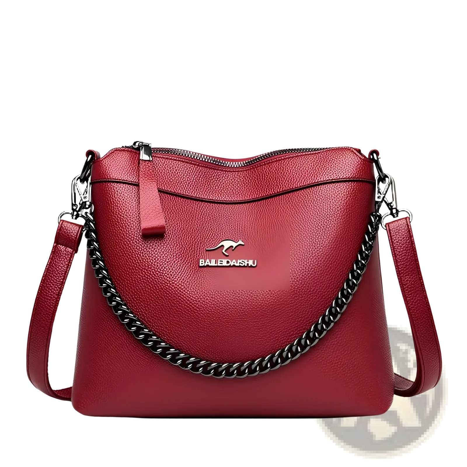 Leather crossbody handbag in red textured leather with black chain strap and silver kangaroo logo