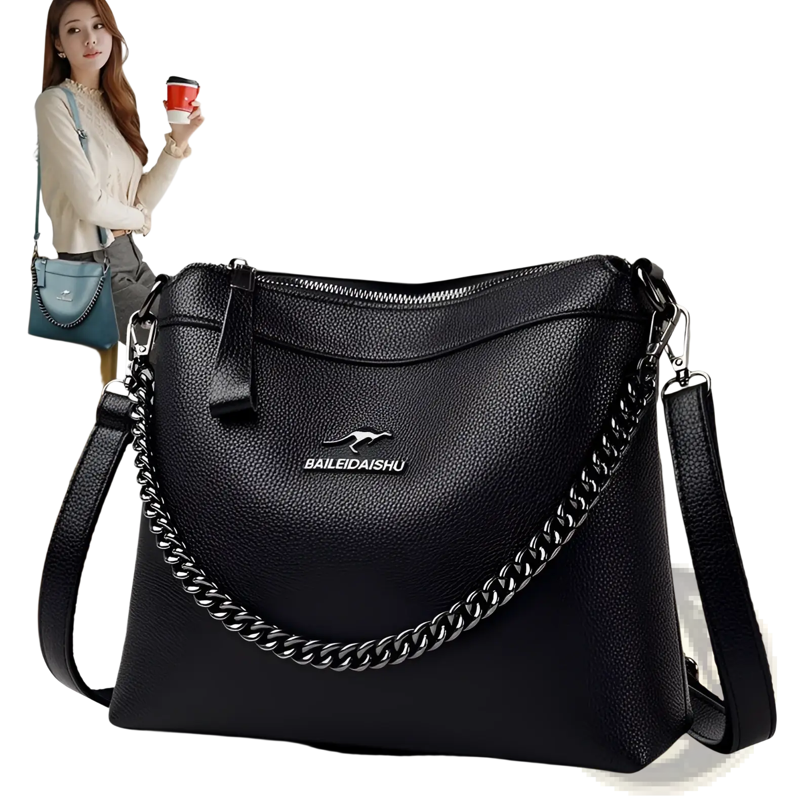 Black textured leather crossbody handbag with silver chain strap and baileidaiishu logo front view