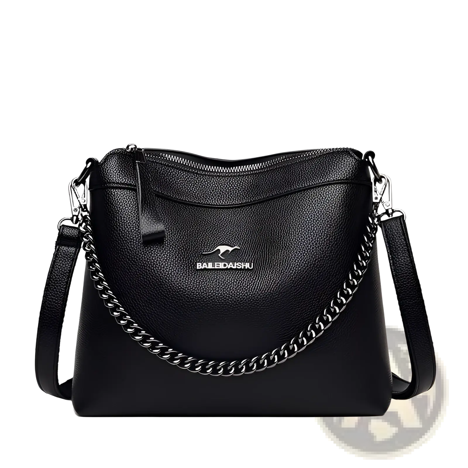 Black textured leather crossbody handbag with silver chain strap featuring the bailedaishu logo
