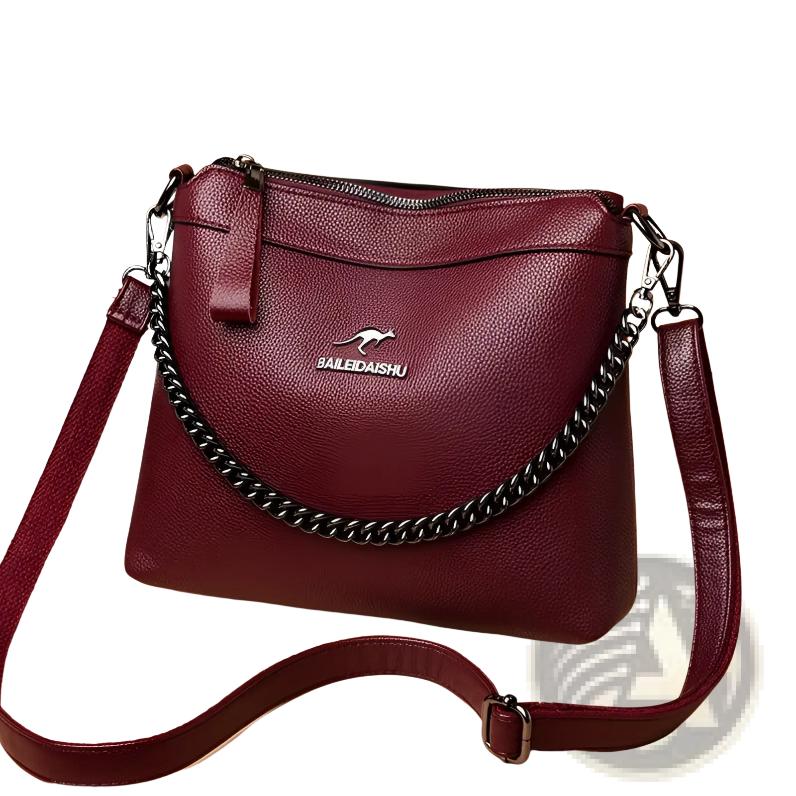 Leather crossbody handbag in burgundy leather with silver chain strap and kangaroo logo plaque on the front