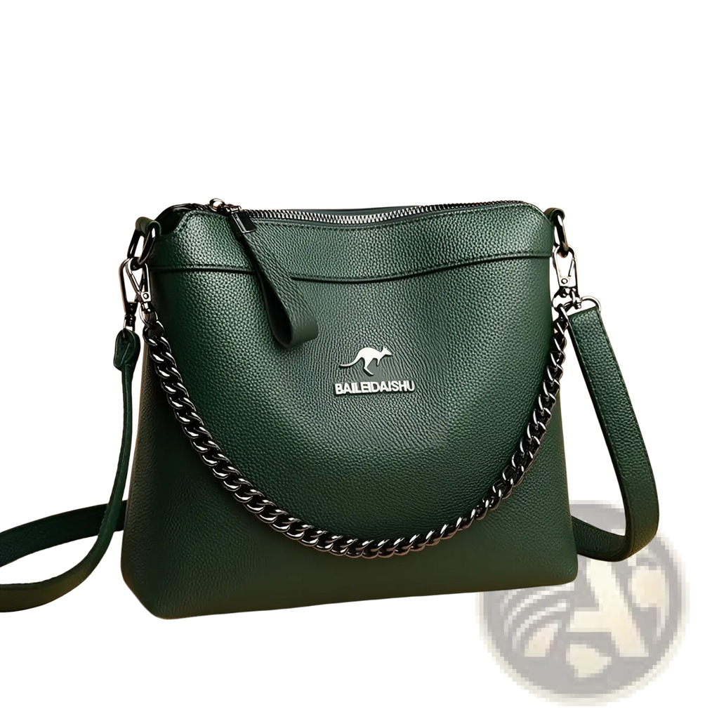 Dark green leather crossbody handbag with silver chain strap and a silver kangaroo logo on the front