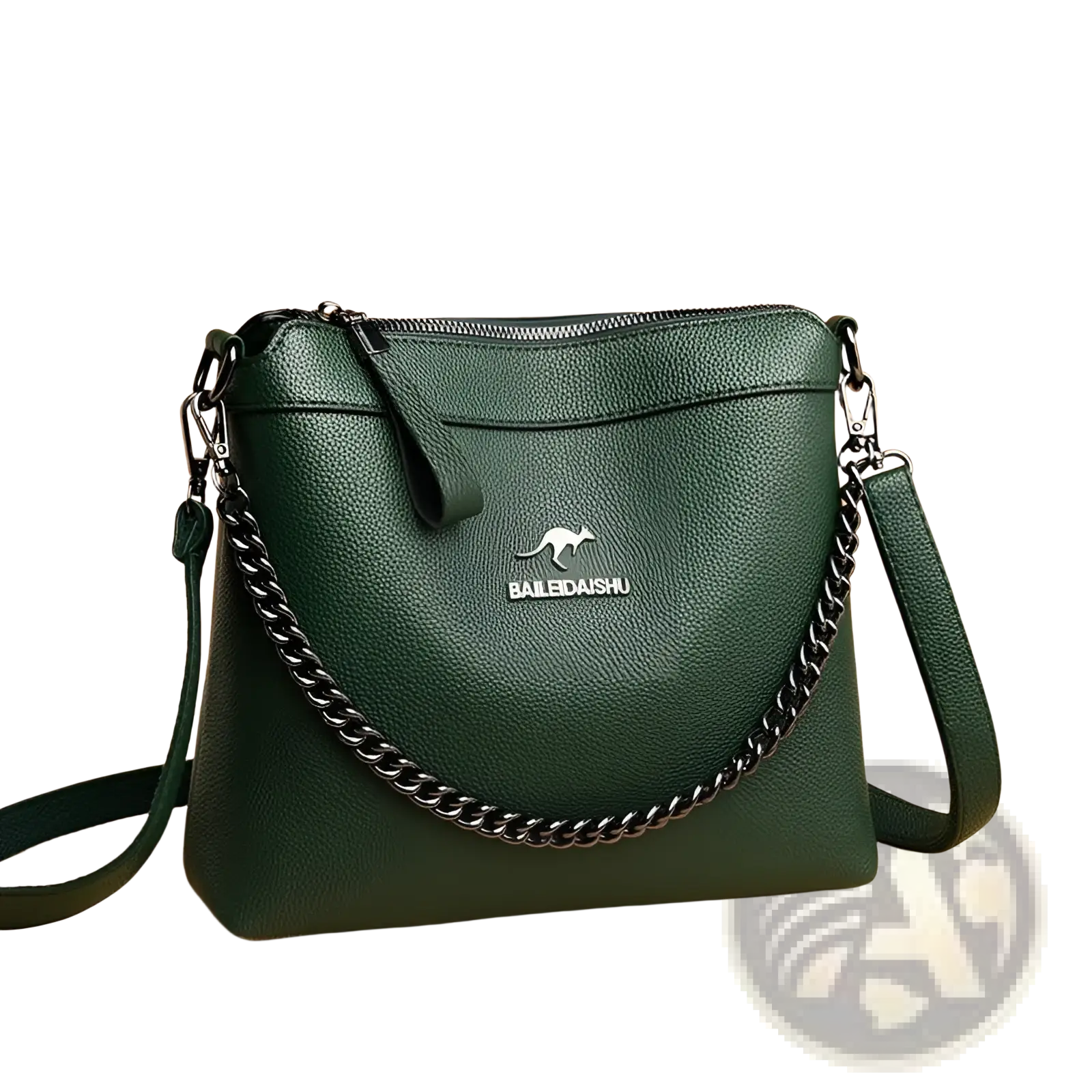 Dark green leather crossbody handbag with silver chain strap and a silver kangaroo logo on the front