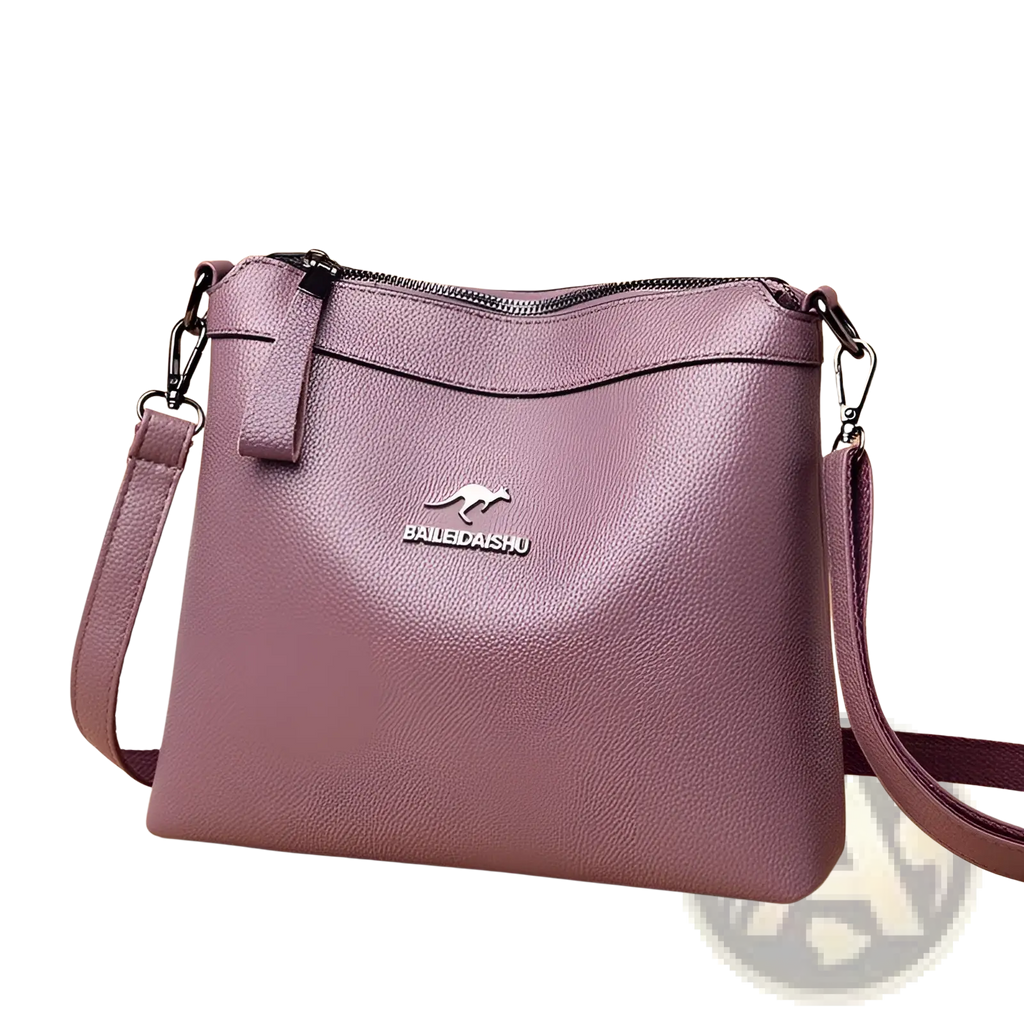 Leather crossbody handbag in purple textured leather with silver chain strap and silver kangaroo logo by bailedaishu