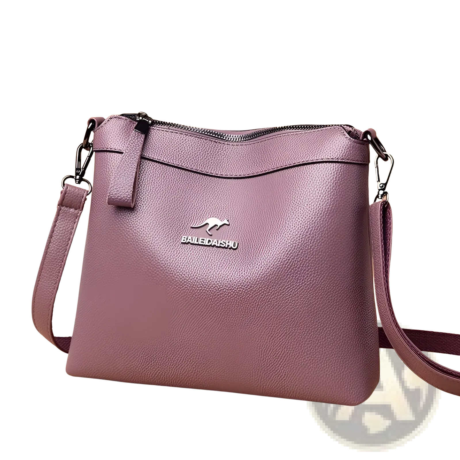 Leather crossbody handbag in purple textured leather with silver chain strap and silver kangaroo logo by bailedaishu