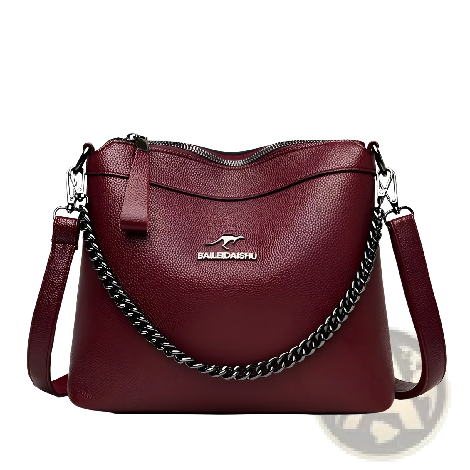 Leather crossbody handbag in burgundy leather with silver chain strap featuring the bailedaishu logo