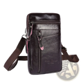 Dark brown leather crossbody phone pouch belt bag with pink zipper pulls and matching adjustable strap