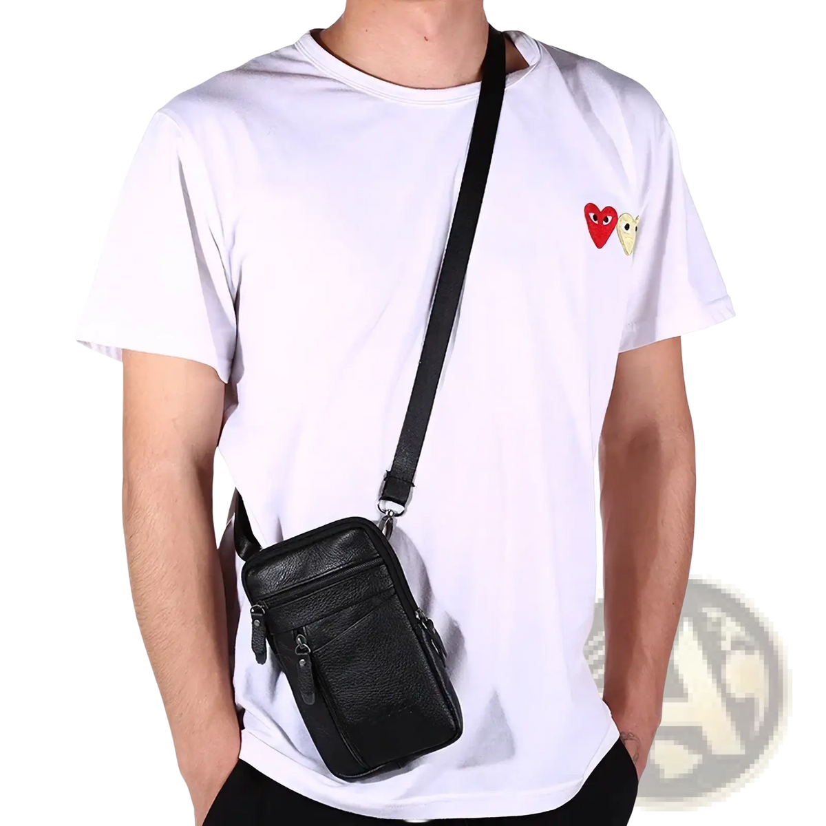 Black leather crossbody phone pouch belt bag with a textured surface and multiple zippered compartments