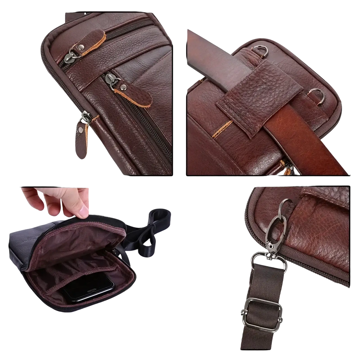 Brown leather crossbody phone pouch belt bag with multiple zippered compartments and adjustable strap