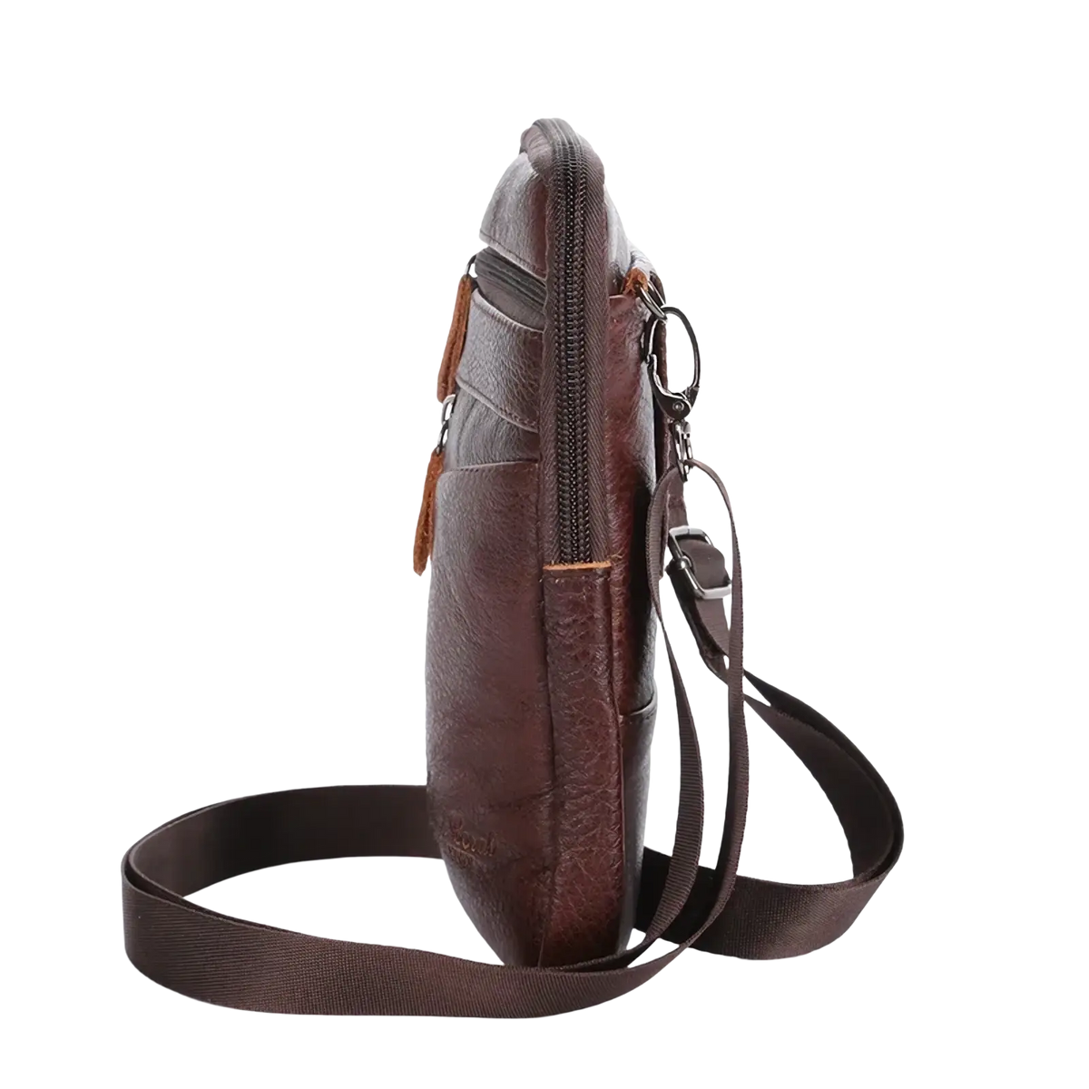 Brown leather crossbody phone pouch belt bag with textured surface and multiple zippered compartments
