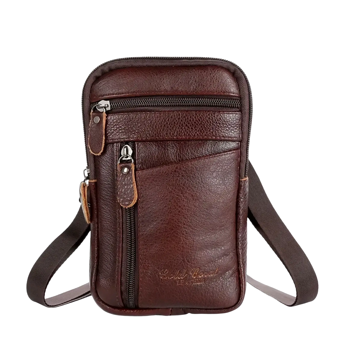 Brown leather crossbody phone pouch belt bag with multiple zippers and adjustable matching strap