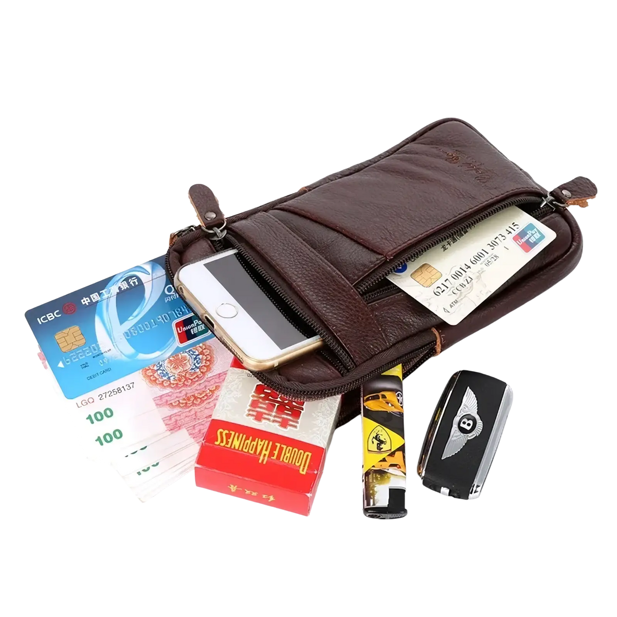 Brown leather crossbody phone pouch belt bag with multiple zippered compartments and front pocket for essentials