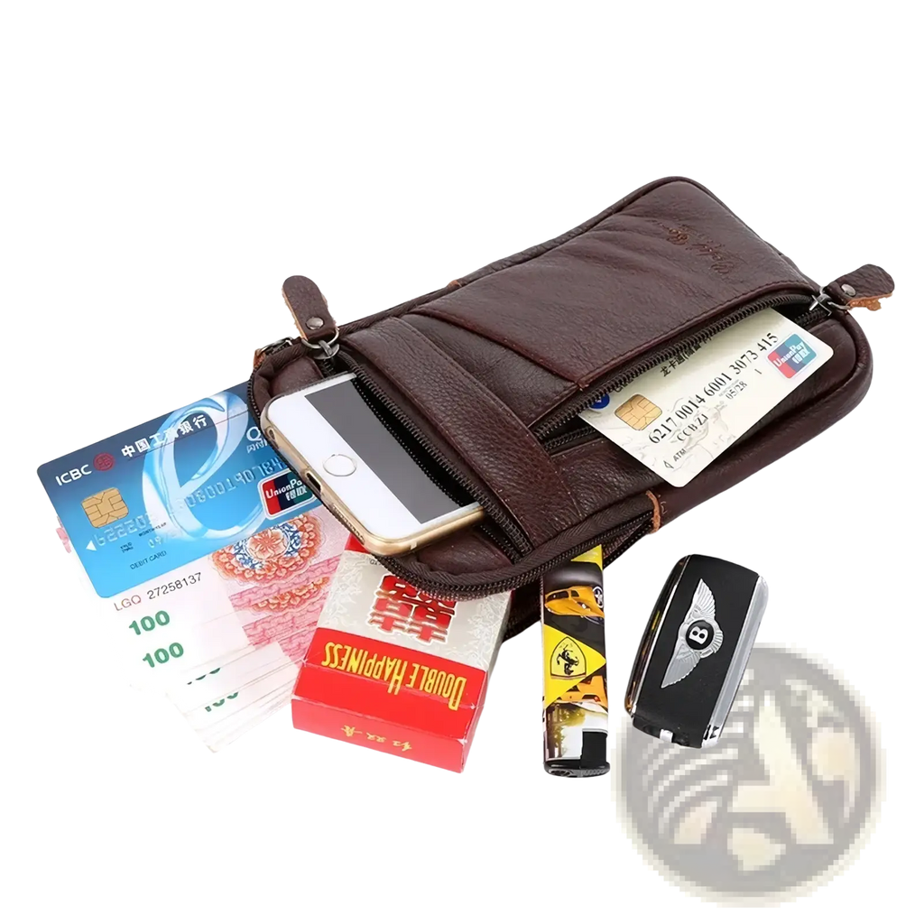 Brown leather crossbody phone pouch belt bag with multiple zippered compartments and front pocket for essentials