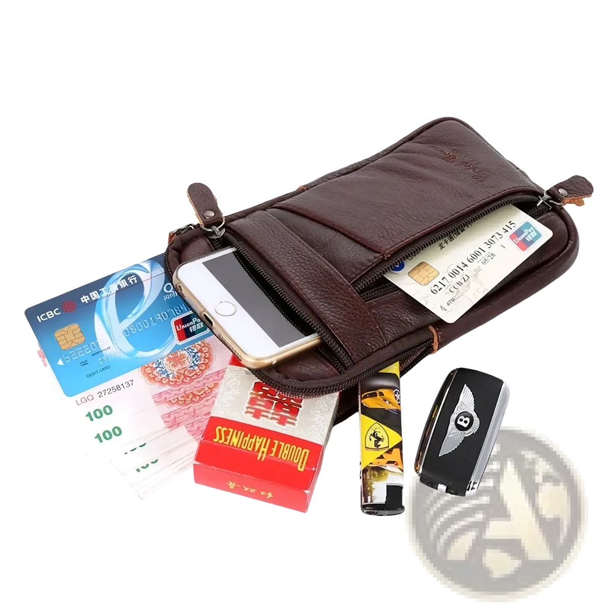 Brown leather crossbody phone pouch belt bag with multiple zippered compartments and front pocket for essentials