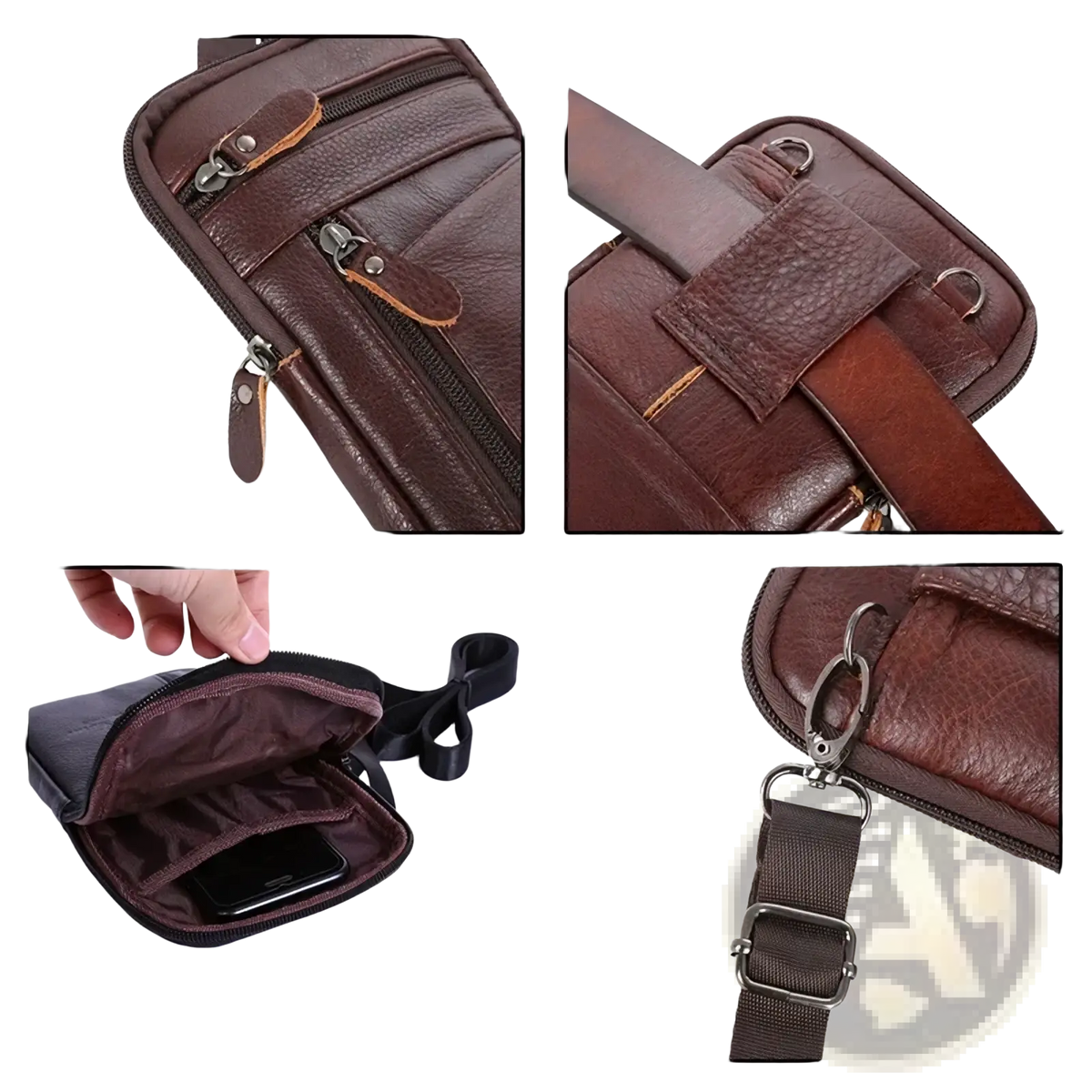 Brown leather crossbody phone pouch belt bag with multiple zippered compartments and adjustable strap
