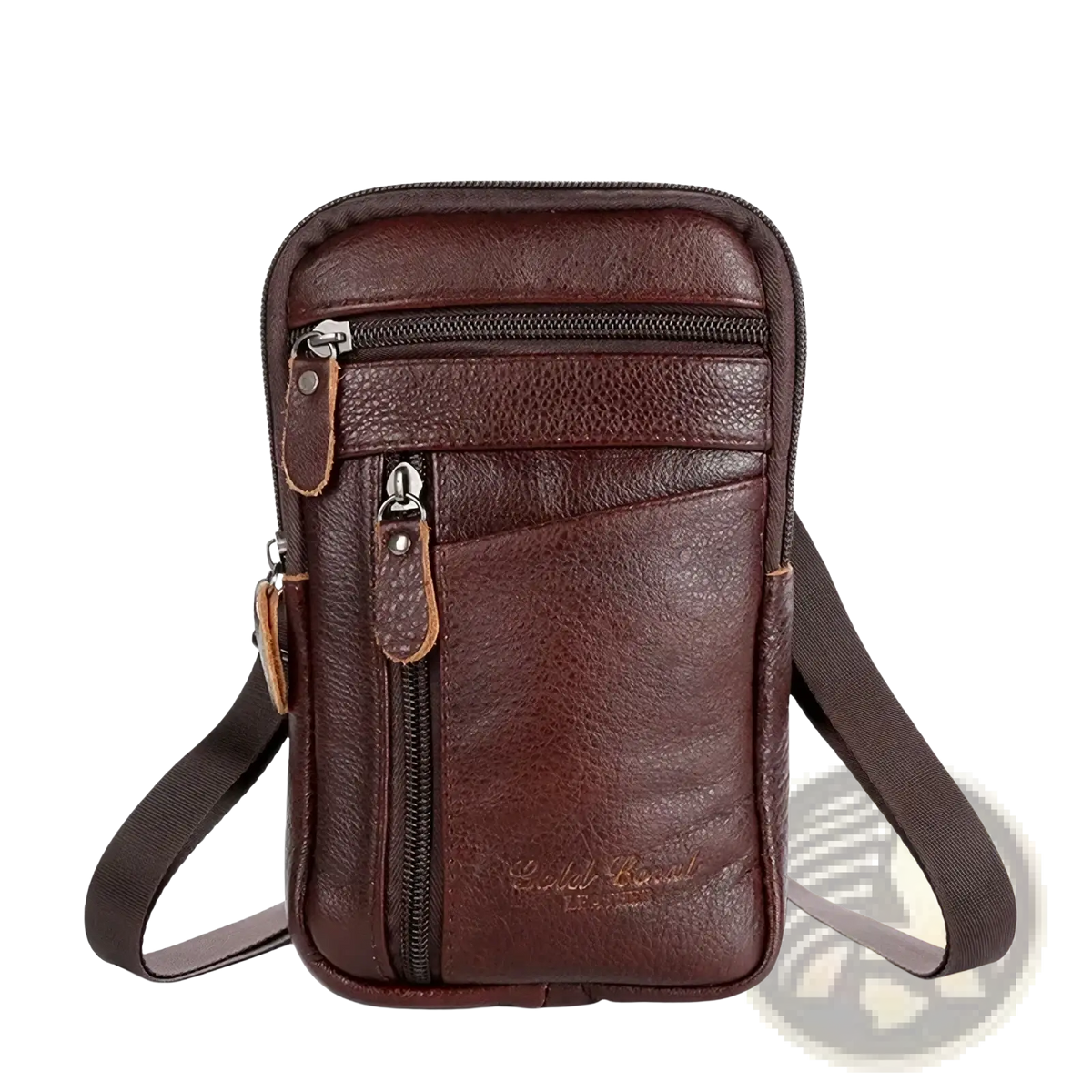 Brown leather crossbody phone pouch belt bag with multiple zippers and adjustable matching strap