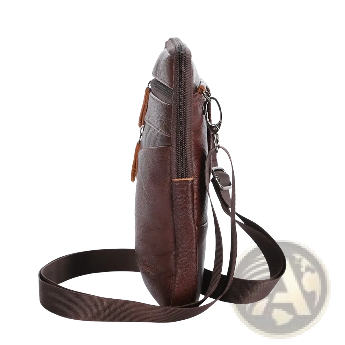 Brown leather crossbody phone pouch belt bag with textured surface and multiple zippered compartments