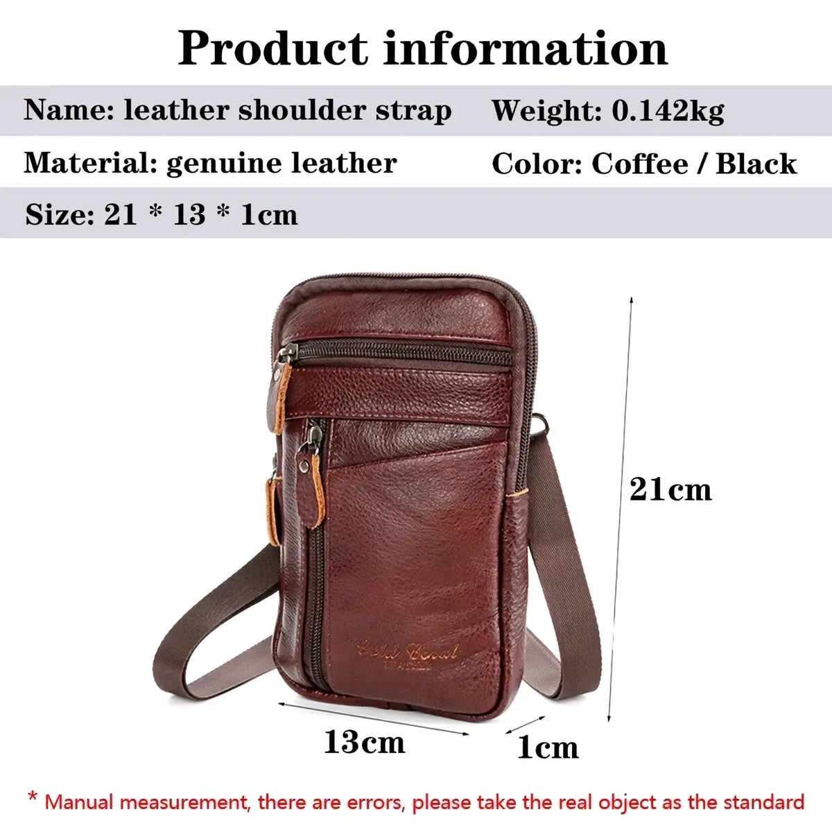 Leather crossbody phone pouch belt bag with coffee-colored genuine leather shoulder strap and multiple zippered compartments