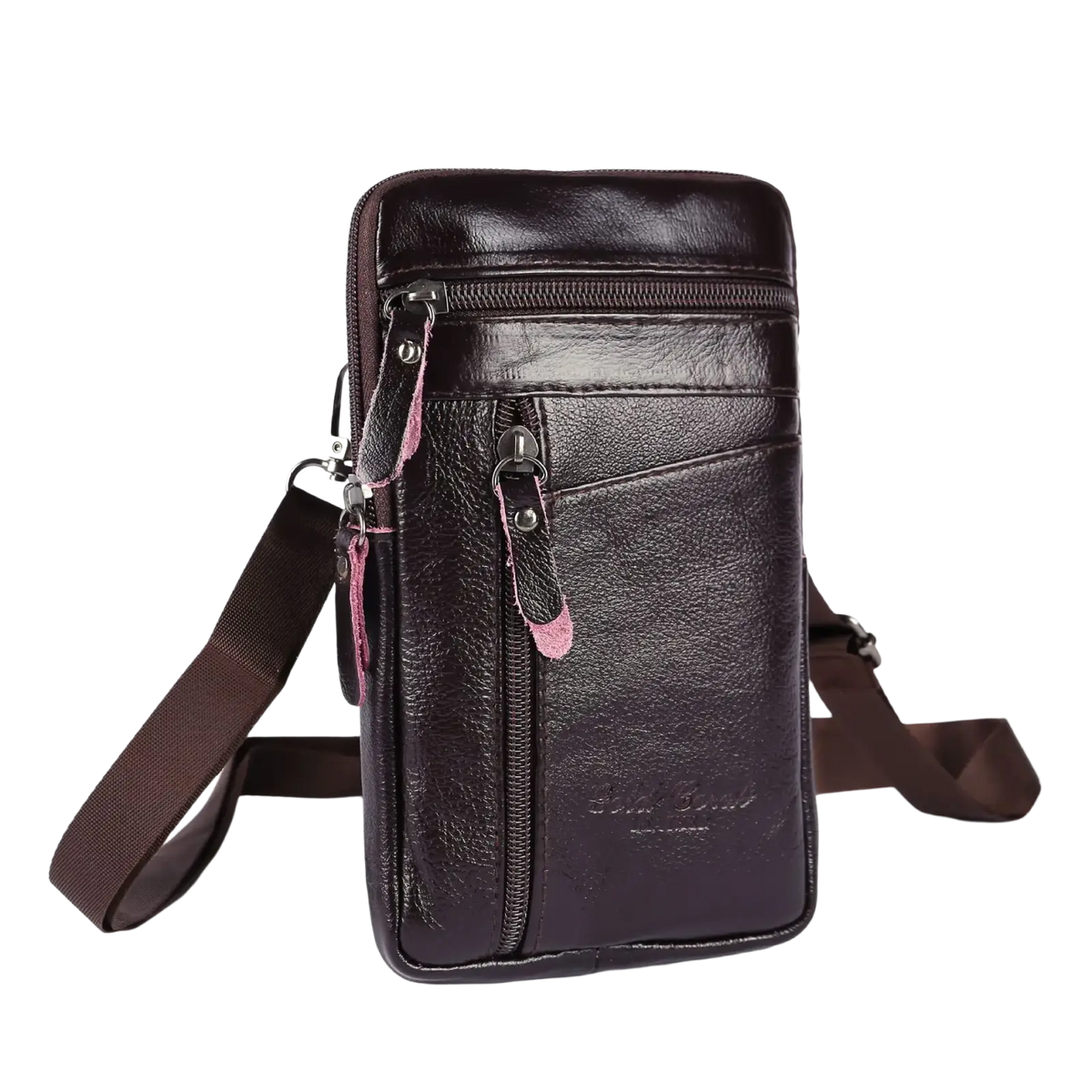 Dark brown leather crossbody phone pouch belt bag with pink zipper pulls and matching adjustable strap