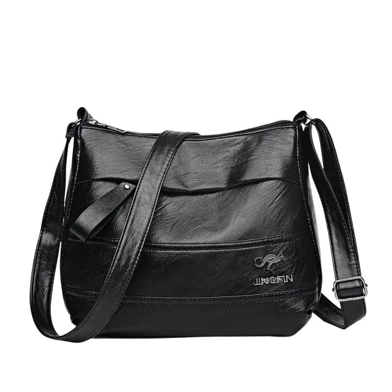 Black leather crossbody shoulder handbag shopping bag with kangaroo logo jingfen branding and pocket interior features