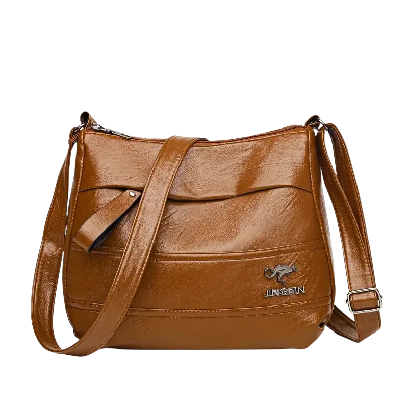 Brown leather crossbody shoulder handbag with kangaroo logo and jingpin branding ideal for handbag shopping bag use with pocket interior