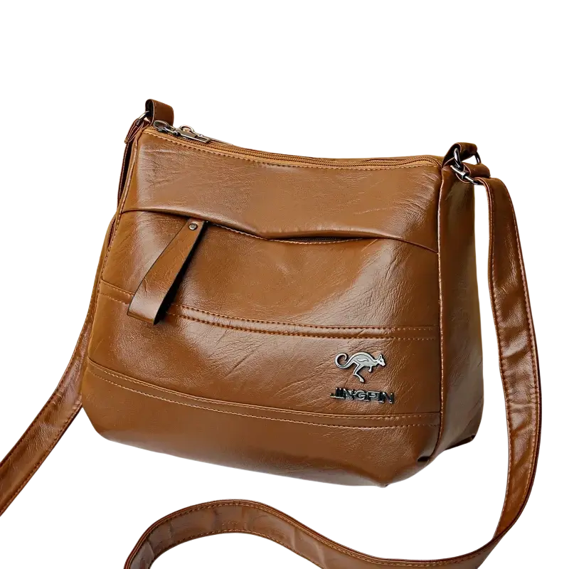 Brown leather crossbody shoulder handbag with kangaroo logo and jingpin branding ideal for handbag shopping bag use