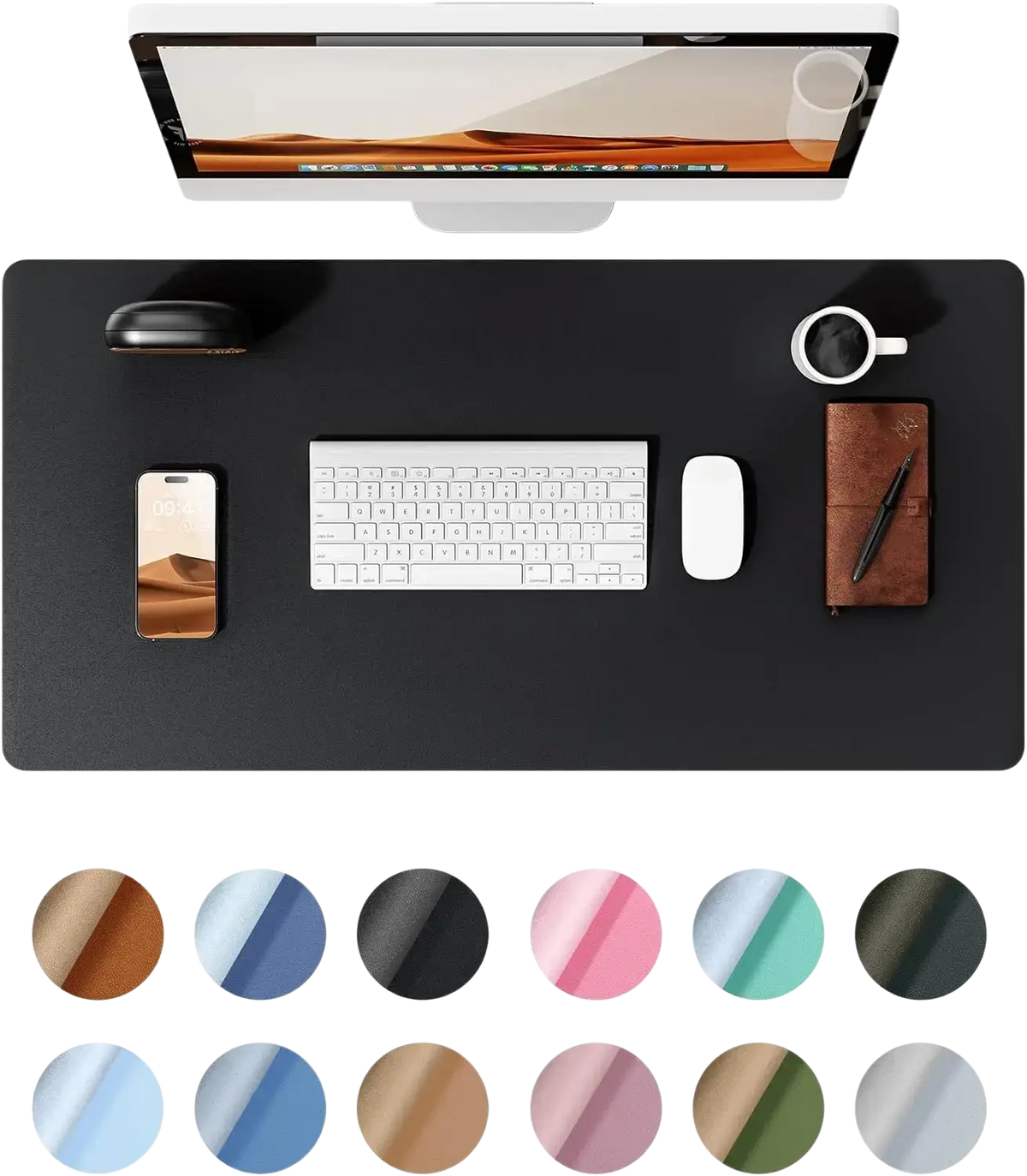 Black textured leather desk mat large waterproof office pad protector with sleek minimalist design and customizable colors