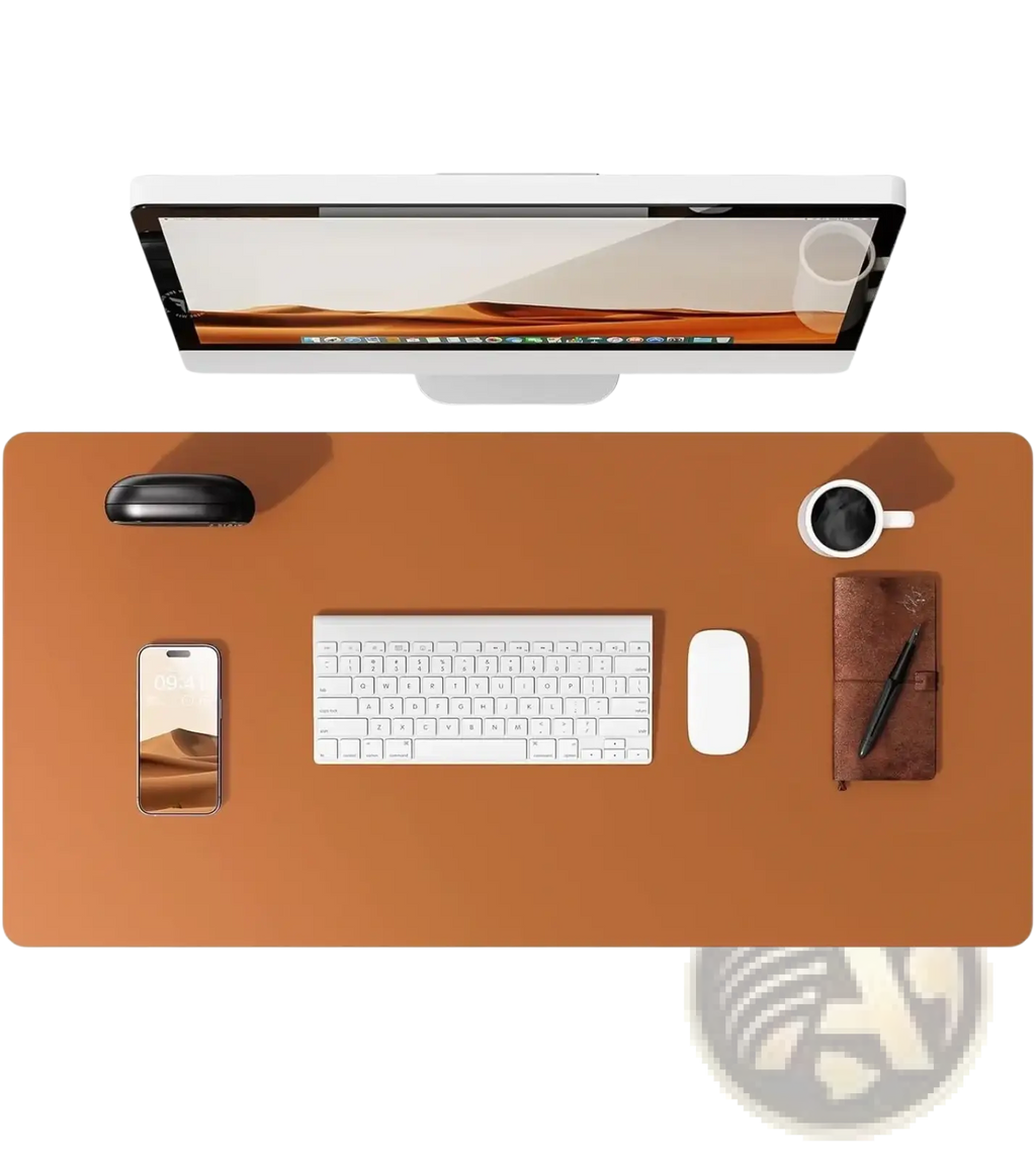 Brown leather desk mat large waterproof office pad protector with smooth surface and minimalist design for modern offices