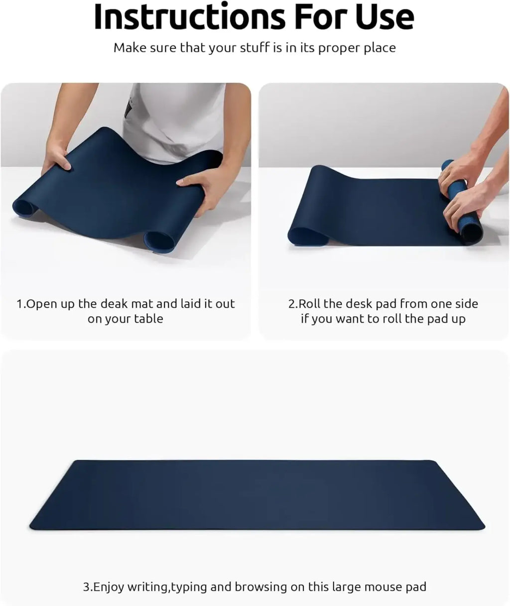 Dark blue leather desk mat large waterproof office pad protector with smooth surface and ergonomic raised edges