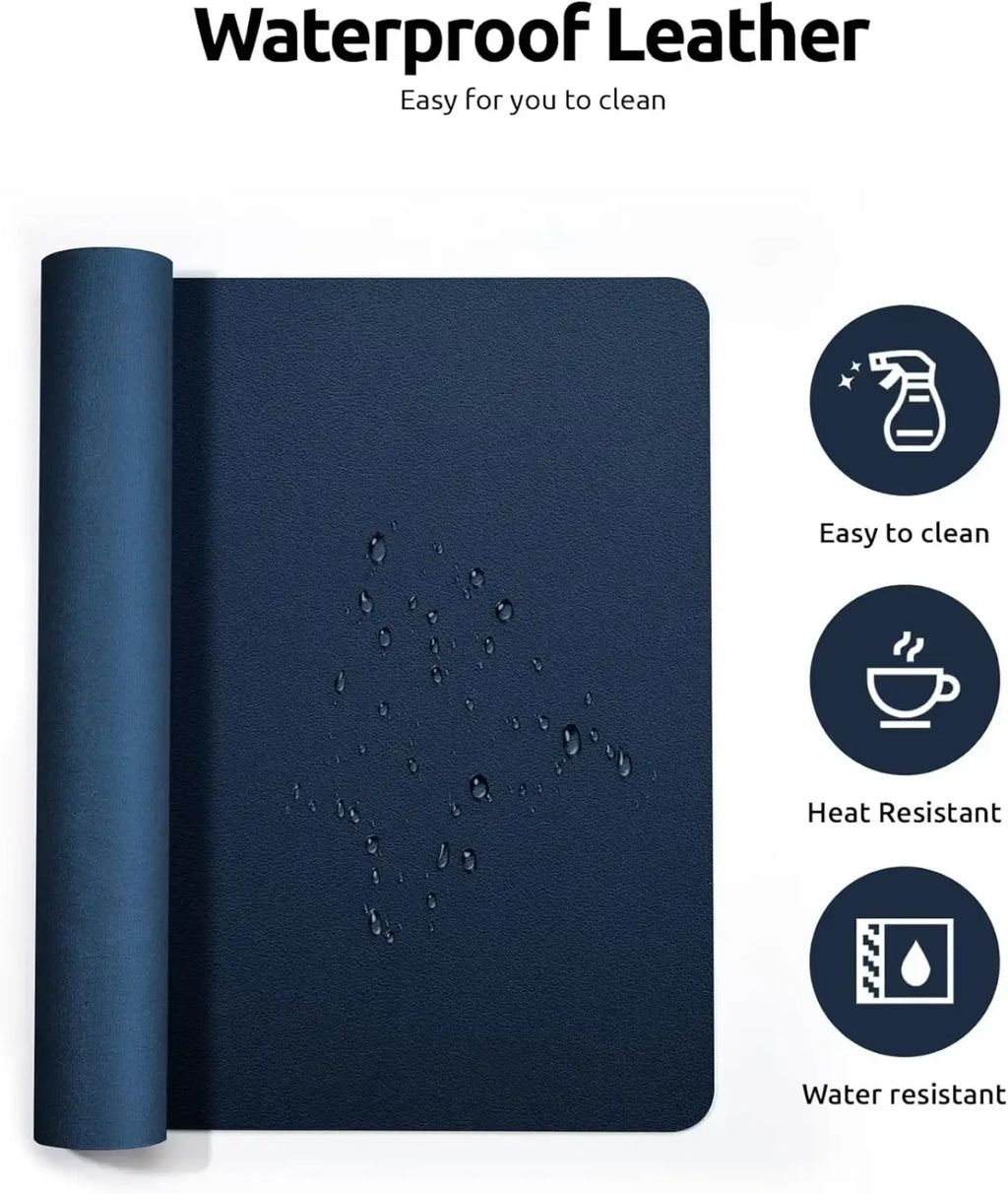 Dark blue waterproof leather desk mat large office pad protector with textured surface and rolled edge