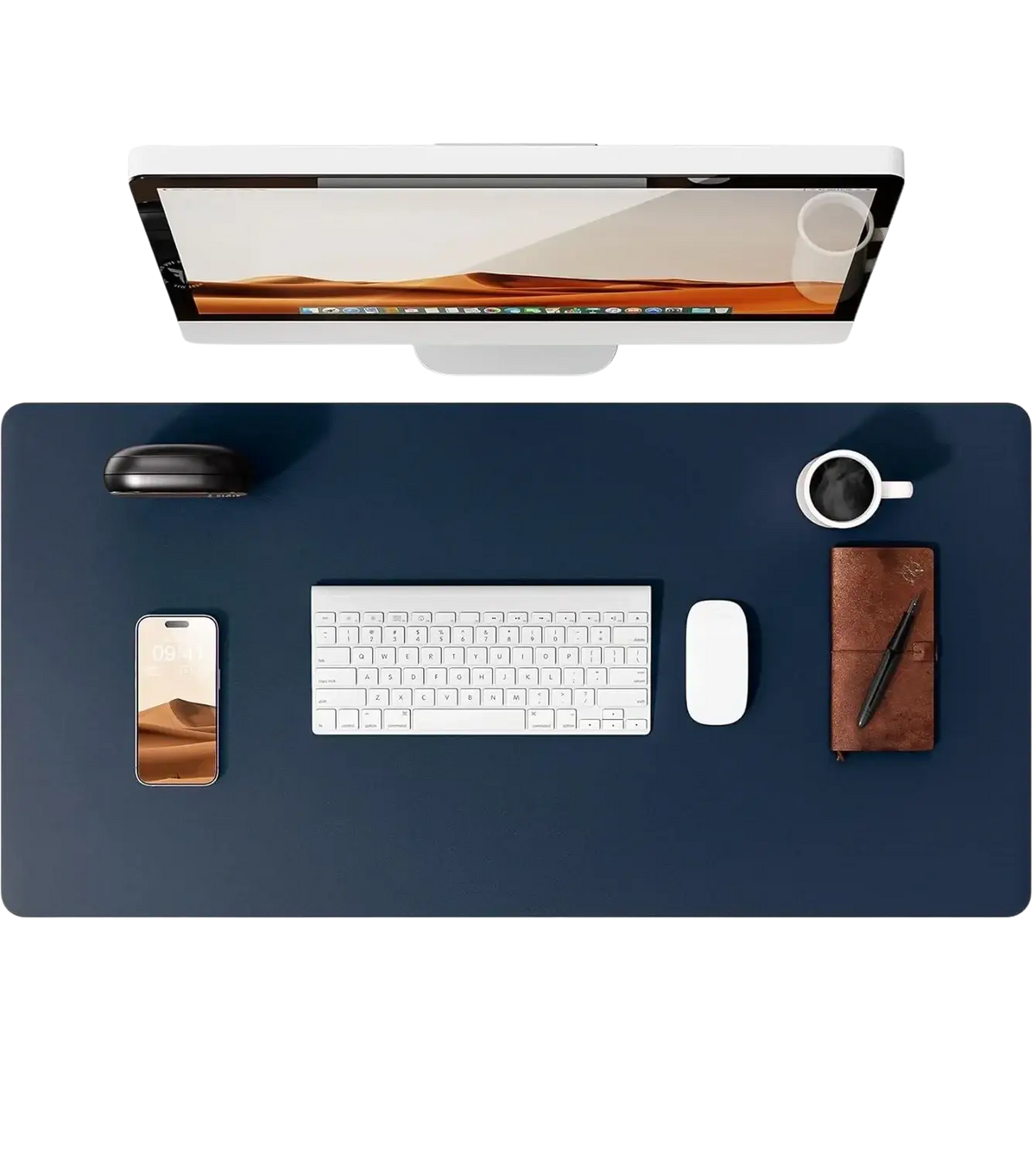 Navy blue leather desk mat with smooth surface and rounded corners large waterproof office pad protector