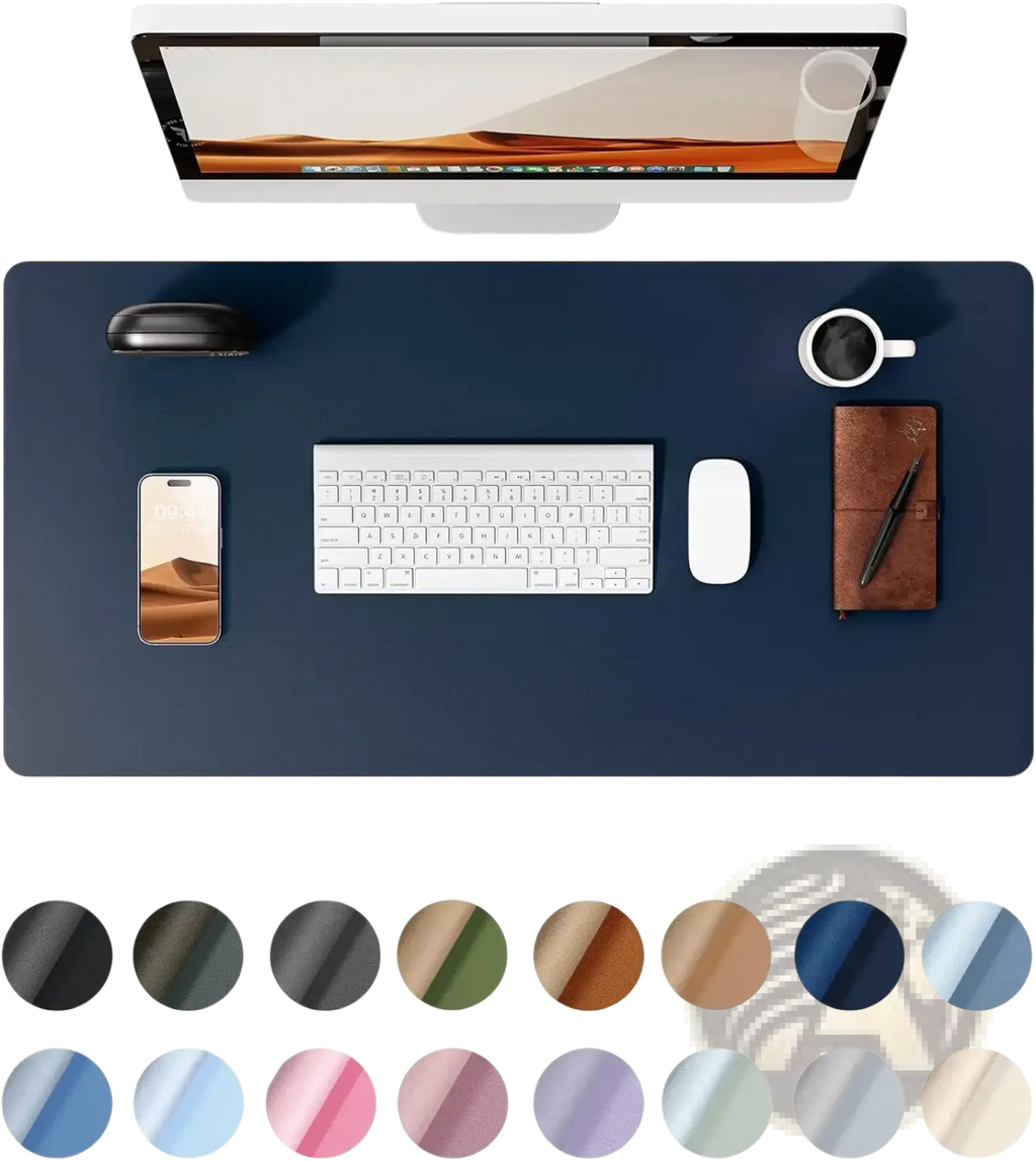 Navy blue leather desk mat with smooth non-slip surface and subtle texture for protecting office desktops