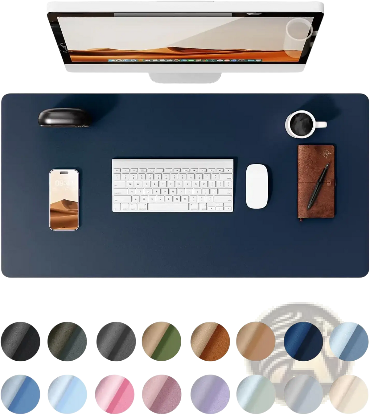 Navy blue leather desk mat with smooth non-slip surface and subtle texture for protecting office desktops