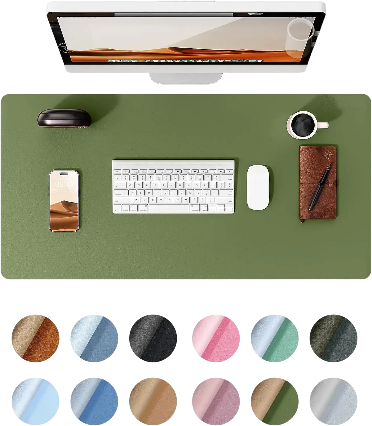 Olive green leather desk mat large waterproof office pad protector with smooth non-slip surface and multiple color options