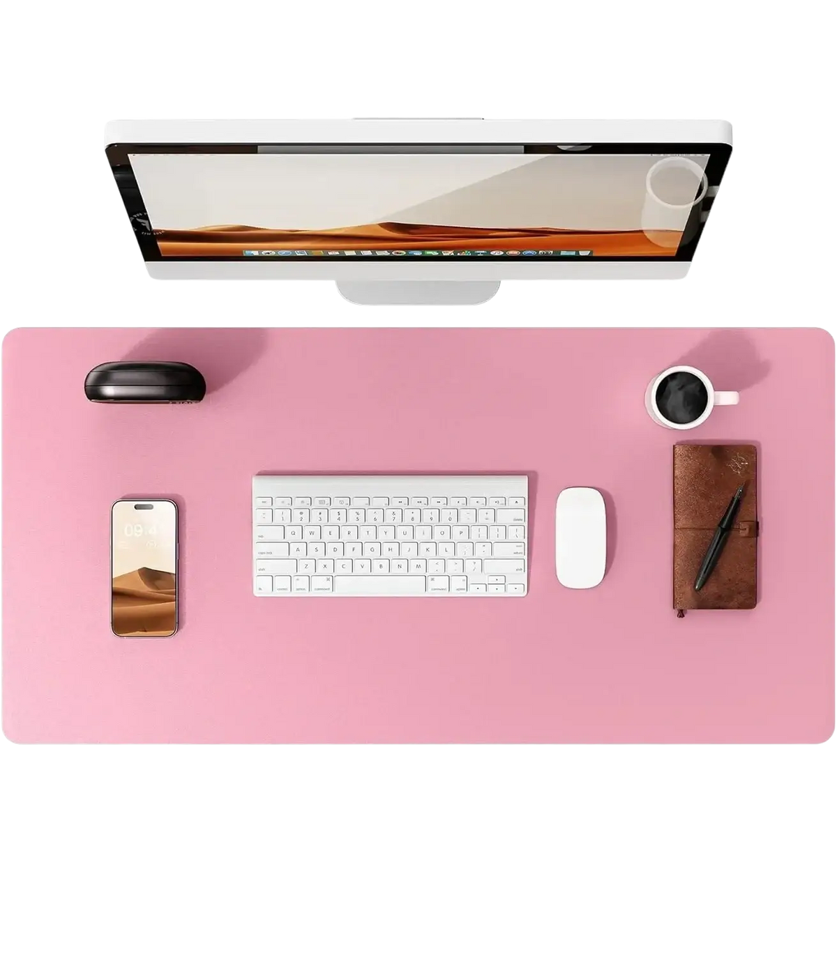 Pink leather desk mat large waterproof office pad protector with smooth surface and minimalist design for modern use