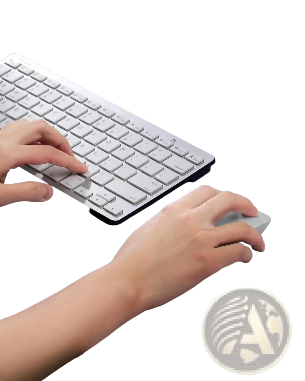 Silver wireless keyboard with minimalist design and matte finish placed on leather desk mat large waterproof office pad protector