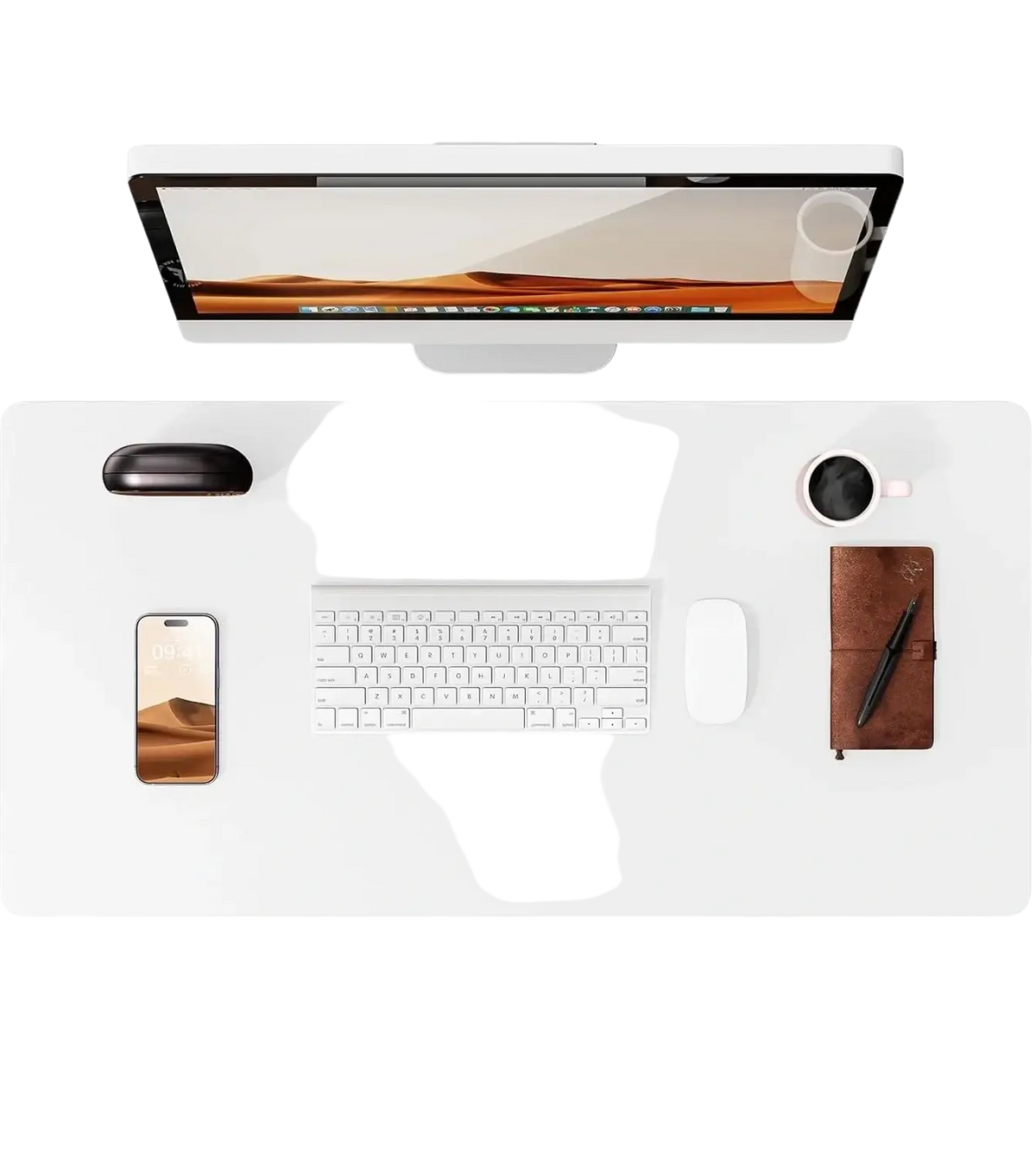 White minimalist desk setup featuring a large waterproof leather desk mat office pad protector with tech accessories