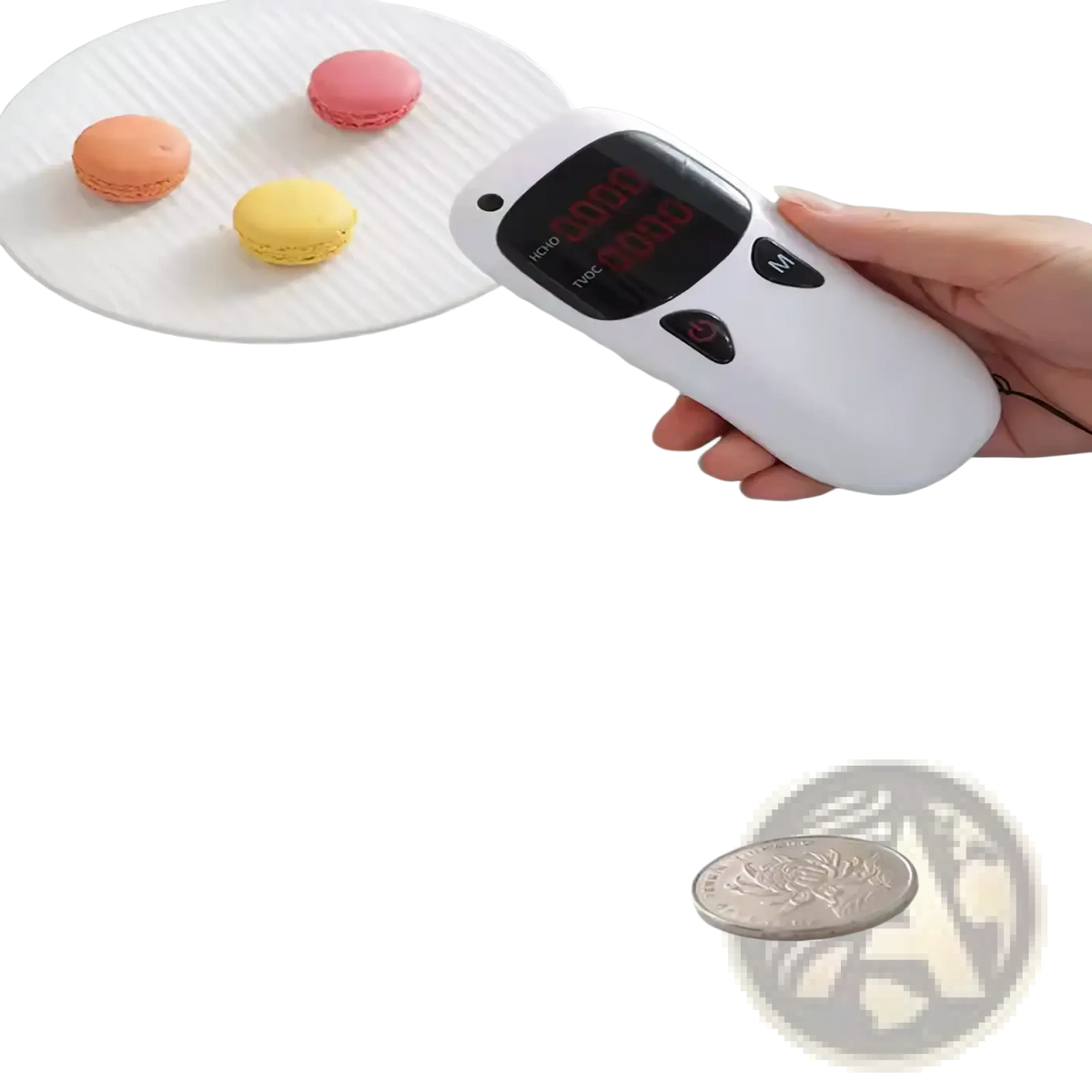 White handheld infrared thermometer with digital display and black buttons placed on large leather desk pad protector office mat